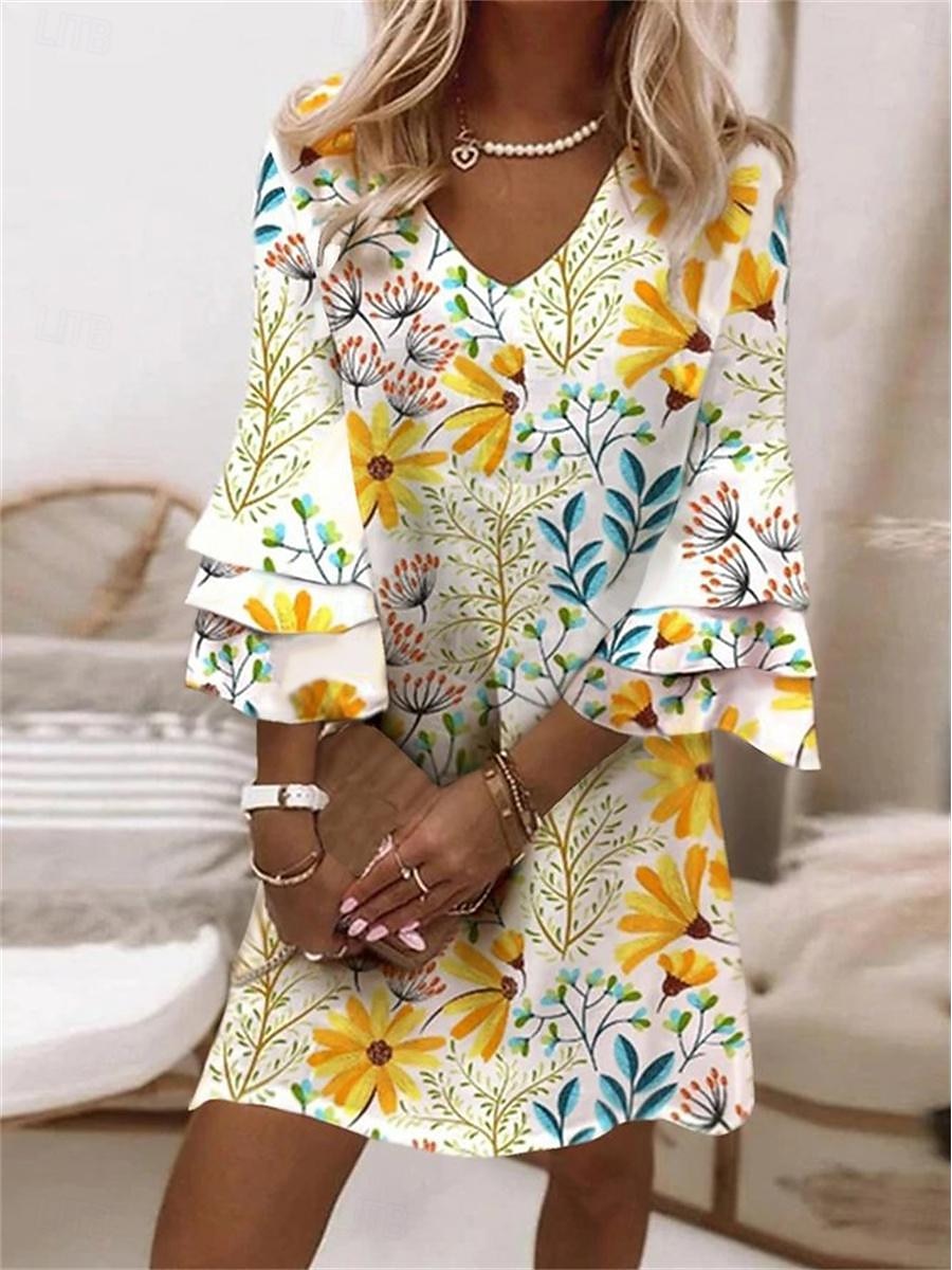 Dame Mini kjole Uformell kjole Sommerkjole Boho-kjole Stilfull Fritid Feriereise Daglig Normal Blomstret 3/4 ermer V-hals Gul Rosa Blå Lyseblå Sommer 2025 - $35.99 –P3