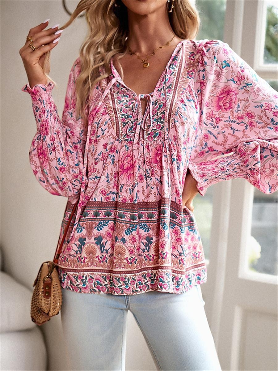 dameskjorte bluse casual boho floral blondetrykk lange ermer vanlige topper v-hals ferie strand rosa marineblå blå oransje sommer 2025 - $31.99 –P3