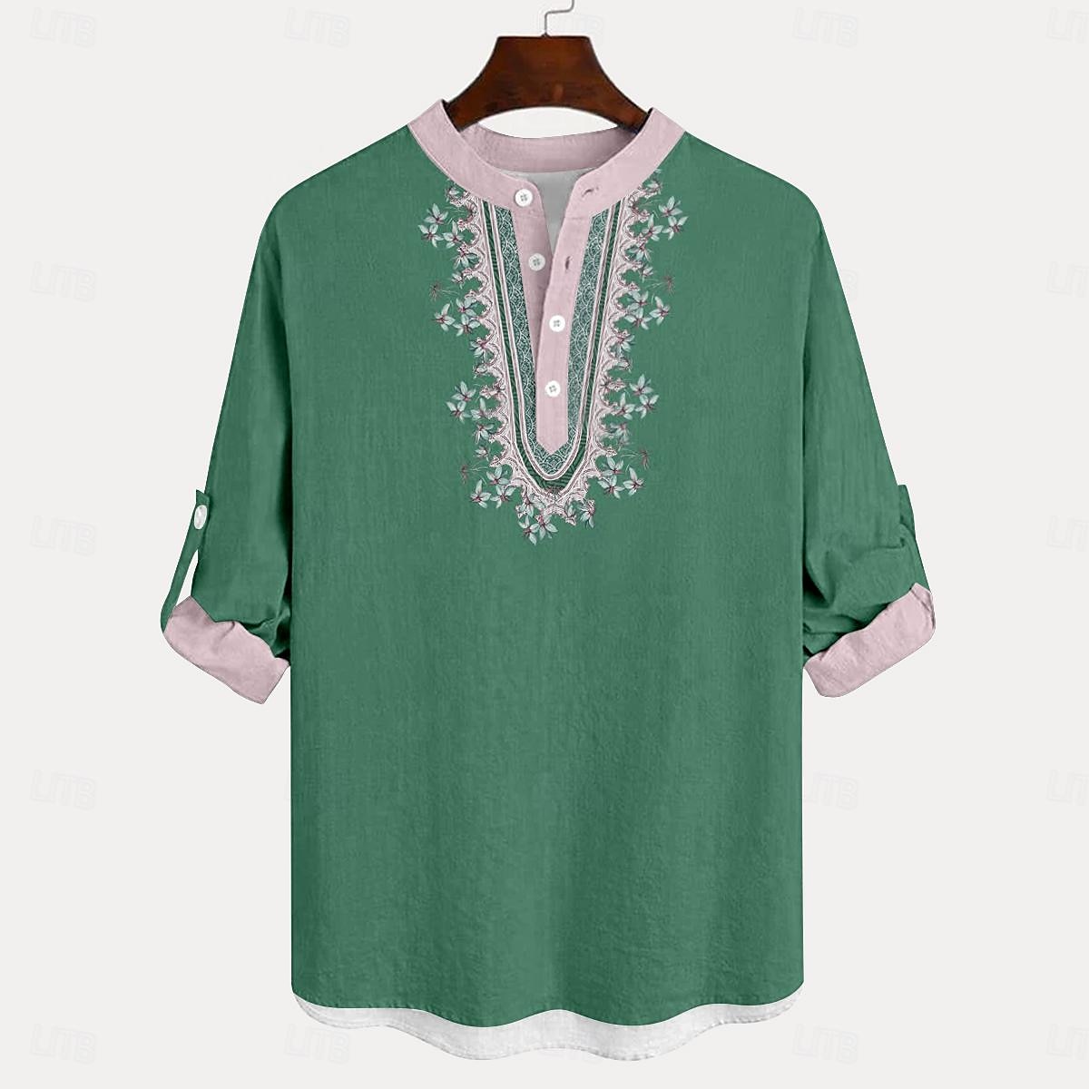 Voor heren Overhemd linnen overhemd Overhemd met knopen Lange mouw Mode-casual Vakantie Causaal Casual Zomer Lente & Herfst Opstaand Knop Afdrukken Licht Blauw Rood blauw Groen 2025 - $24.99 –P4