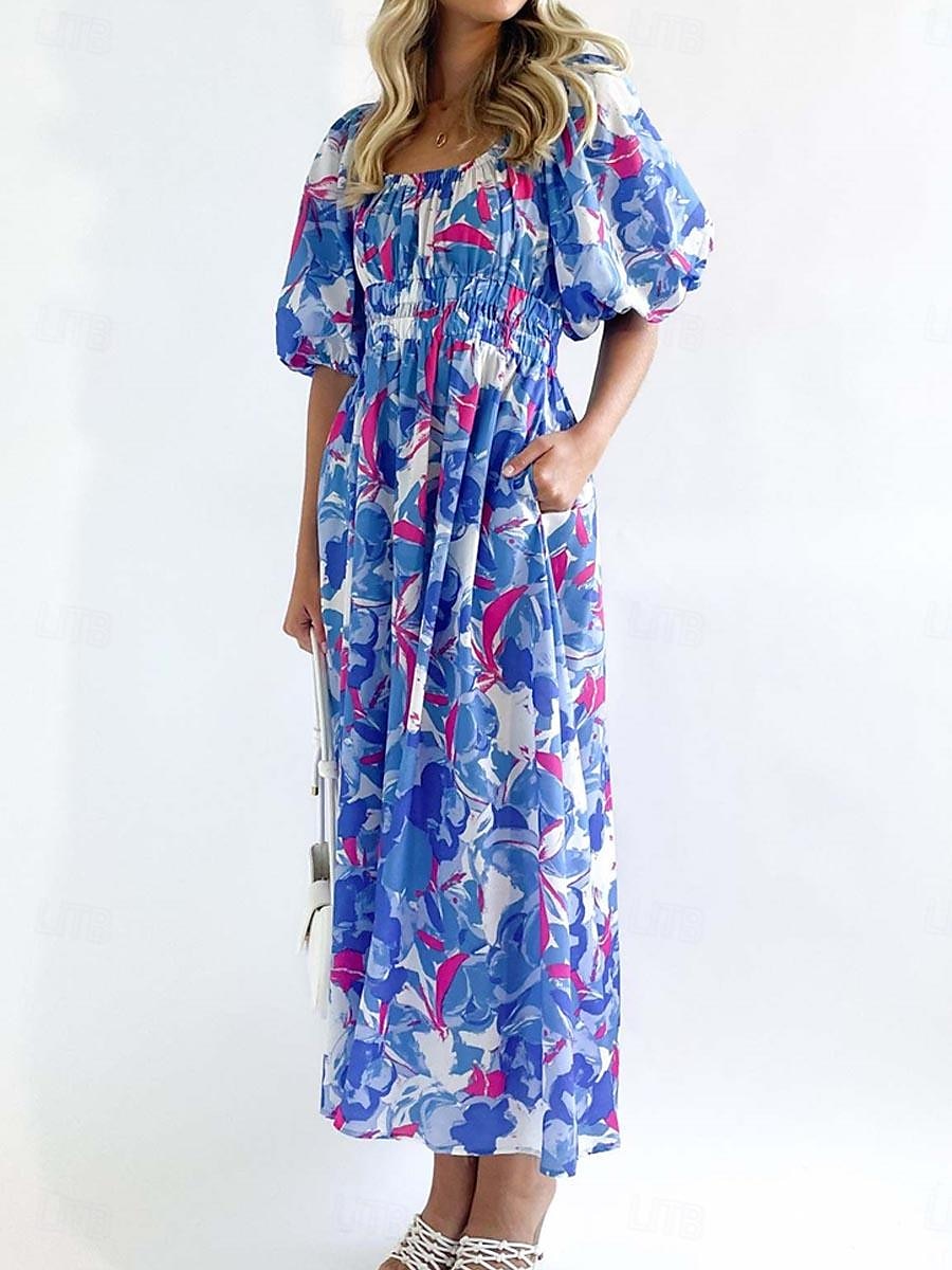 Pentru femei Rochie Lunga Rochie Maxi Rochie casual Rochie leagăn Rochie A line Rochie de vară Stilat Vacanță Zilnic Dată Fit regulat Floral Manșon Jumate De Pe Umăr Roșu-aprins Albastru piscin 2025 - $40.99 –P18