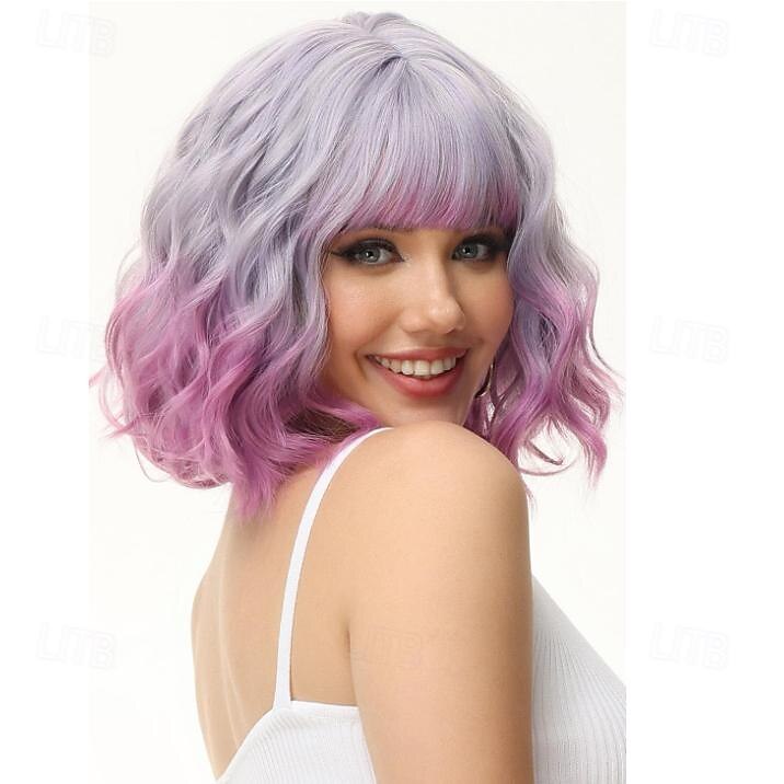 parrucca bob ondulata viola verde rosa con frangia parrucca viola ombre naturale capelli sintetici lunghezza delle spalle parrucche corte ricci per le donne del 2025 a $19.99 –P10