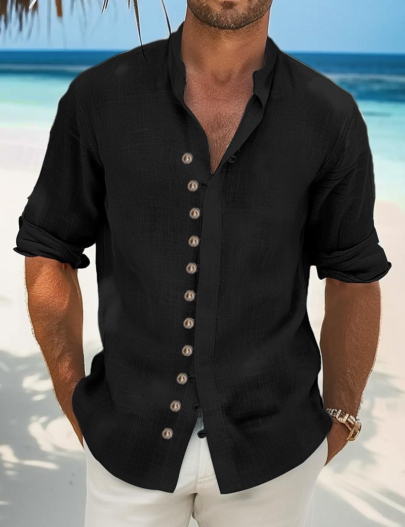 Per uomo Camicia camicia di lino Camicia estiva Abbigliamento mare Maglietta informale Camicia con bottoni Liscio Da mare Curise Nero Bianco Verde chiaro Rosa Manica lunga Colletto alla coreana del 2025 a $23.99 –P8