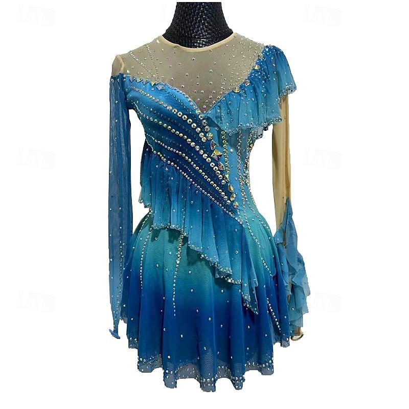 Figure Skating Dress Women's Girls' Ice Skating Dress Forest Green Tassel  Mesh Spandex Lace Micro-elastic Training Skating Wear Crystal / Rhinestone  Long Sleeve Ice Skating Figure Skating 2026 - $390.49