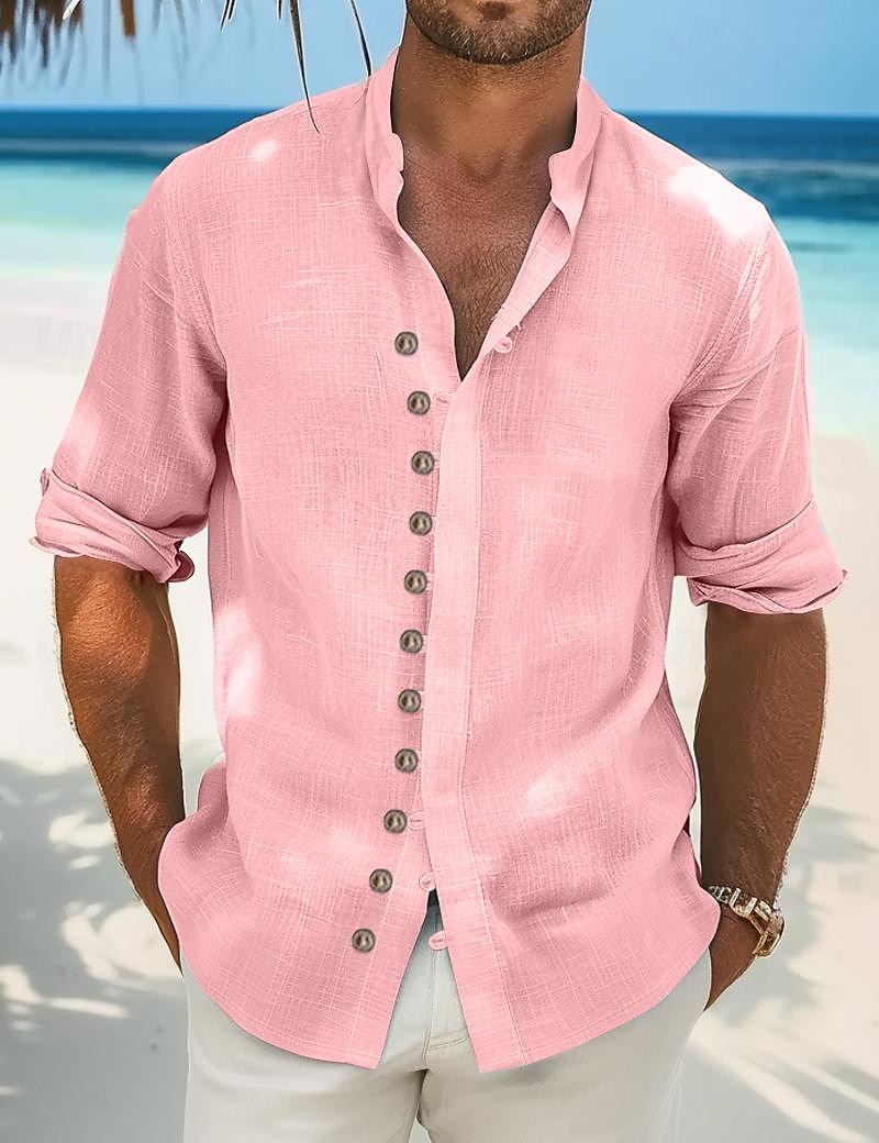 Per uomo Camicia camicia di lino Camicia estiva Abbigliamento mare Maglietta informale Camicia con bottoni Liscio Da mare Curise Nero Bianco Verde chiaro Rosa Manica lunga Colletto alla coreana del 2025 a $23.99 –P7