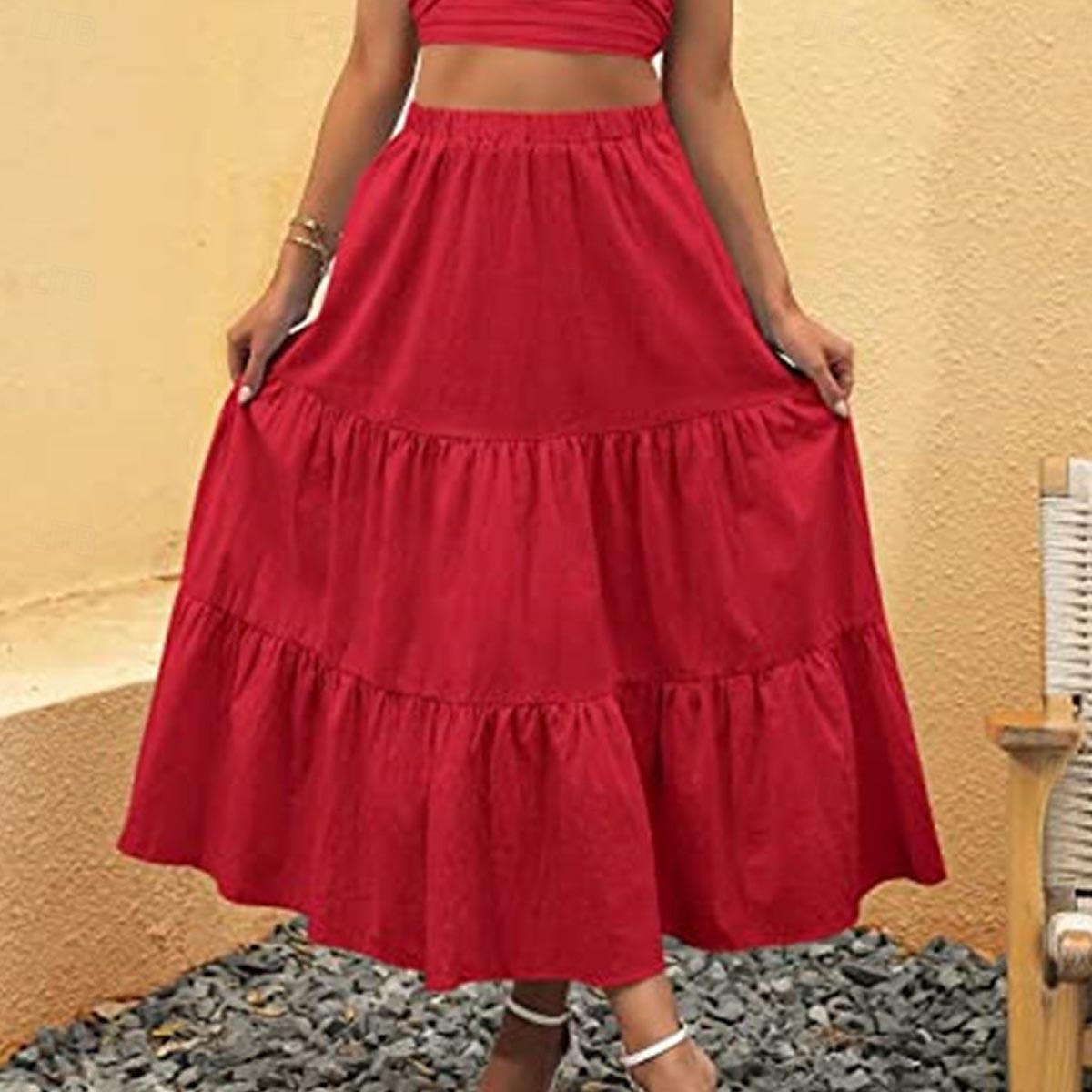 Damenrock A-Linie Swing Maxiröcke Rüschen Tasche einfarbig lässig Alltag Wochenende Sommermode lässig schwarz weiß rot hellblau 2025 - $23.99 –P12