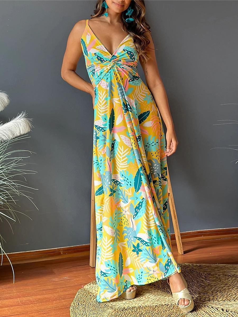 kvinners fritidskjole slipkjole floral blad ryggløst trykk stropp lang kjole maxi kjole hawaiisk uformell hverdagsferie ermeløs sommer 2025 - $41.99 –P6