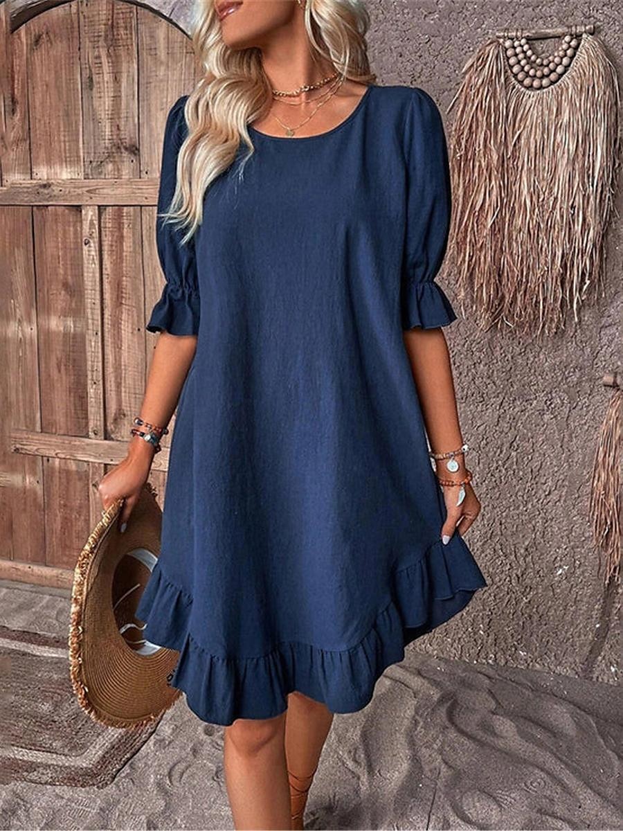 Femmes Noir Rouge bleu marine Été Printemps Robe Midi Robes inspirées du lin Robe en coton et lin Robe d'été en coton Occasionnel Vacances Quotidien Coupe Ample Uni Col ras du cou de 2025 ? $26.99 –P4