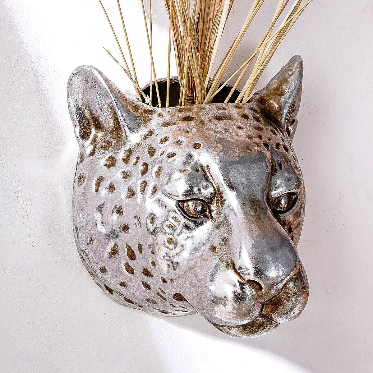 dekoracja ścienna w stylu vintage z głową lamparta w kolorze złotym i srebrnym, powierzchnia z folii w kolorze złotym i srebrnym, wiszący na ścianie wazon na kwiaty i schowek, kreatywna, słodka sztuka 2026 - $16.49 –P7