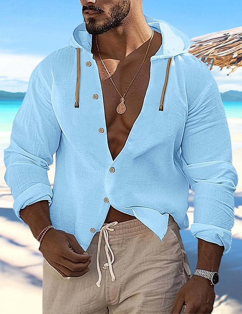 Per uomo Camicia camicia di lino Camicia estiva Abbigliamento mare Camicia con bottoni Liscio Da mare Curise Nero Bianco Blu Cachi Manica lunga Con cappuccio Primavera estate Abbigliamento del 2025 a $26.99 –P2