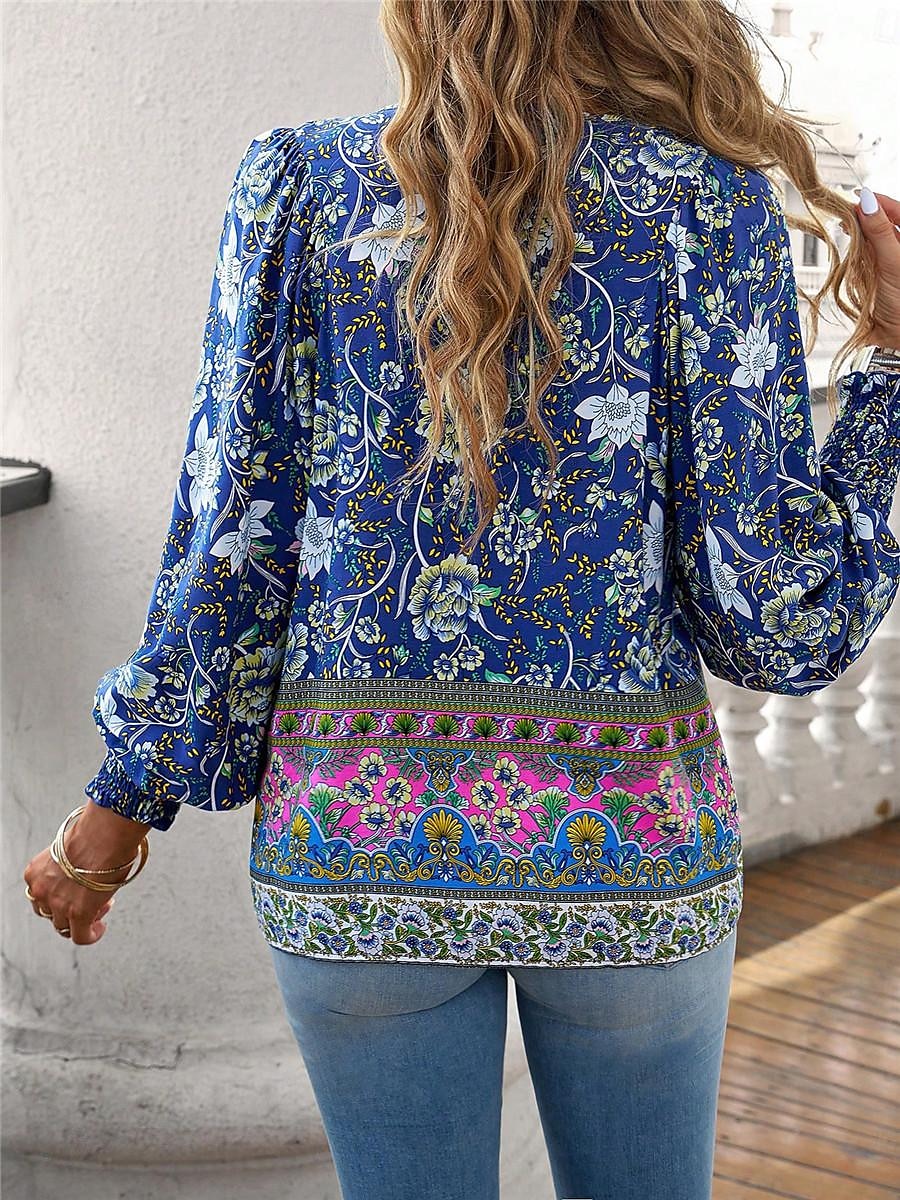 dameskjorte bluse casual boho floral blondetrykk lange ermer vanlige topper v-hals ferie strand rosa marineblå blå oransje sommer 2025 - $31.99 –P18