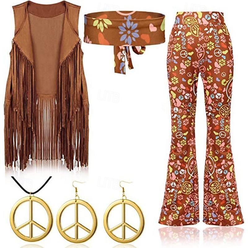 Hippie Scheibe Retro Vintage 1960er Hippie 1970er Hosen Cosplay Kostüm Austattungen Weste Stirnband Damen Mädchen Quaste Halskette Ohrringe Jahrgang Karnival Maskerade Ärmellos Weste Schlager Outfit 2026 - $57.99 –P3