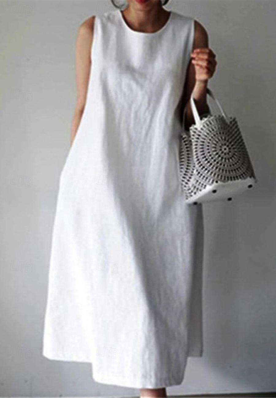 Women's White Wine Navy Blue Summer Spring Midi Dress White Dress Cotton Linen Dresses Sundress Casual Vacation Daily Loose Fit Plain Crew Neck 2025 - $22.99 –P1