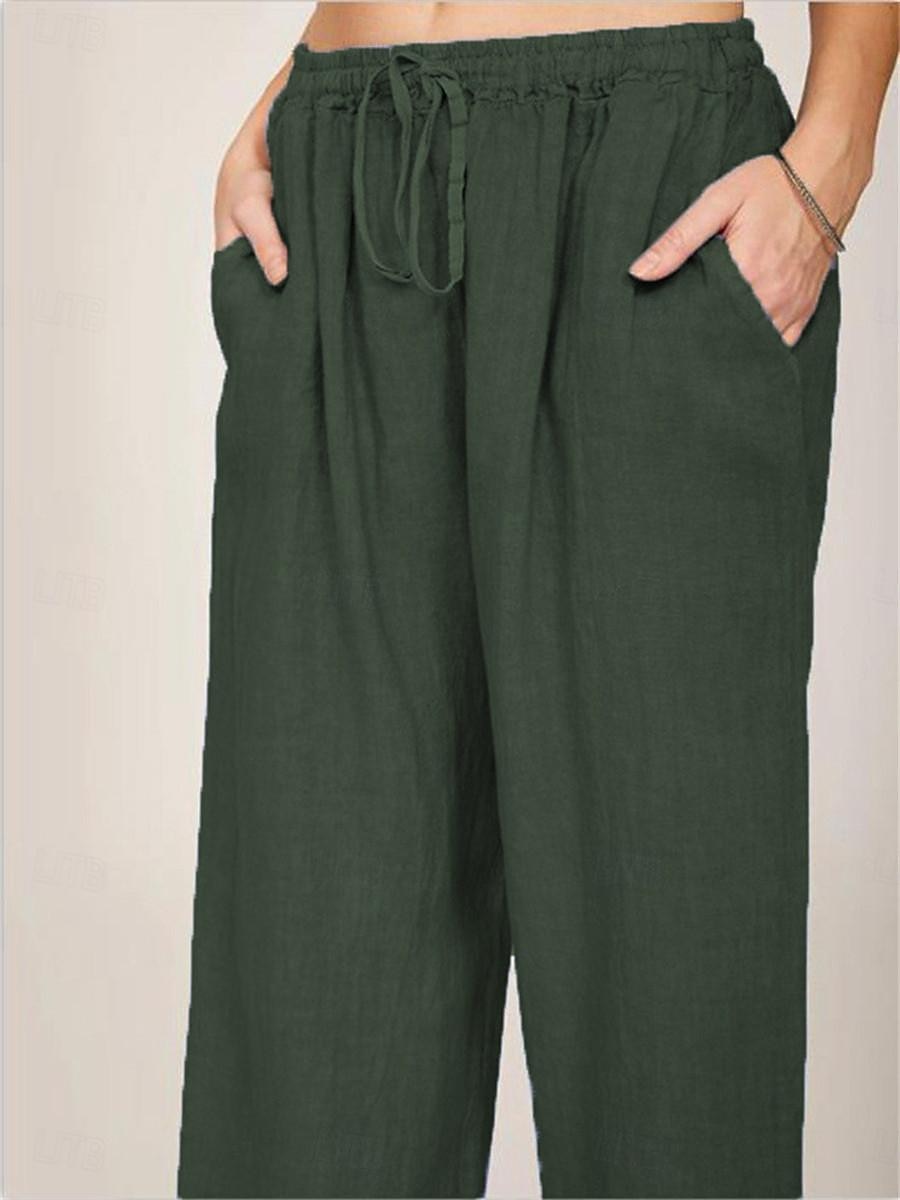 Damen Hose aus Baumwollleinen Komfort Einfarbig Tasche Elastischer Bund Atmungsaktiv Mikroelastisch Heim Schwarz Weiß Wein Marineblau Sommer 2025 - $21.99 –P20
