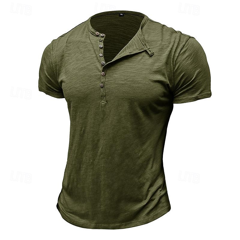 100%Cotton Men's T Shirt Henley Shirt Tee Short Sleeve Shirt Tee Top Plain Vintage Designer Basic Button Up Henley Vacation Street Casual Daily Spring Summer Black White Light Green Henley T-Shirt 2025 - $20.99 –P8