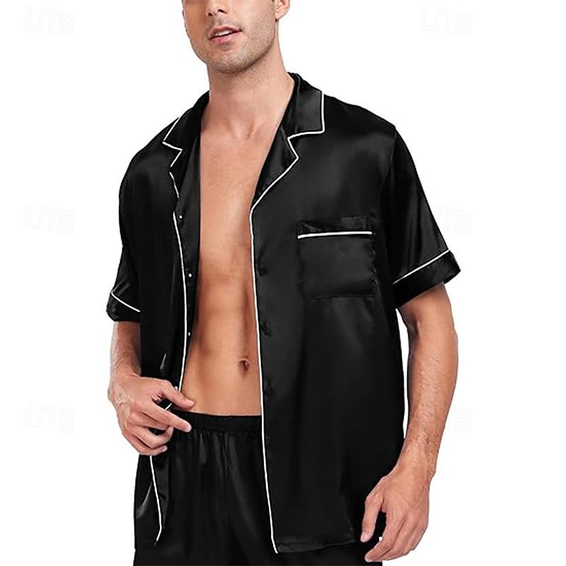 Homens Roupa de Dormir Conjunto de Pijama Top e shorts de pijama 1conjunto Tecido Moda à moda Clássico Casa Diário De Cama Poliéster Conforto Respirável Macio Lapela Manga Curta Camisa Social Calção de 2025 por $9.59 –P9