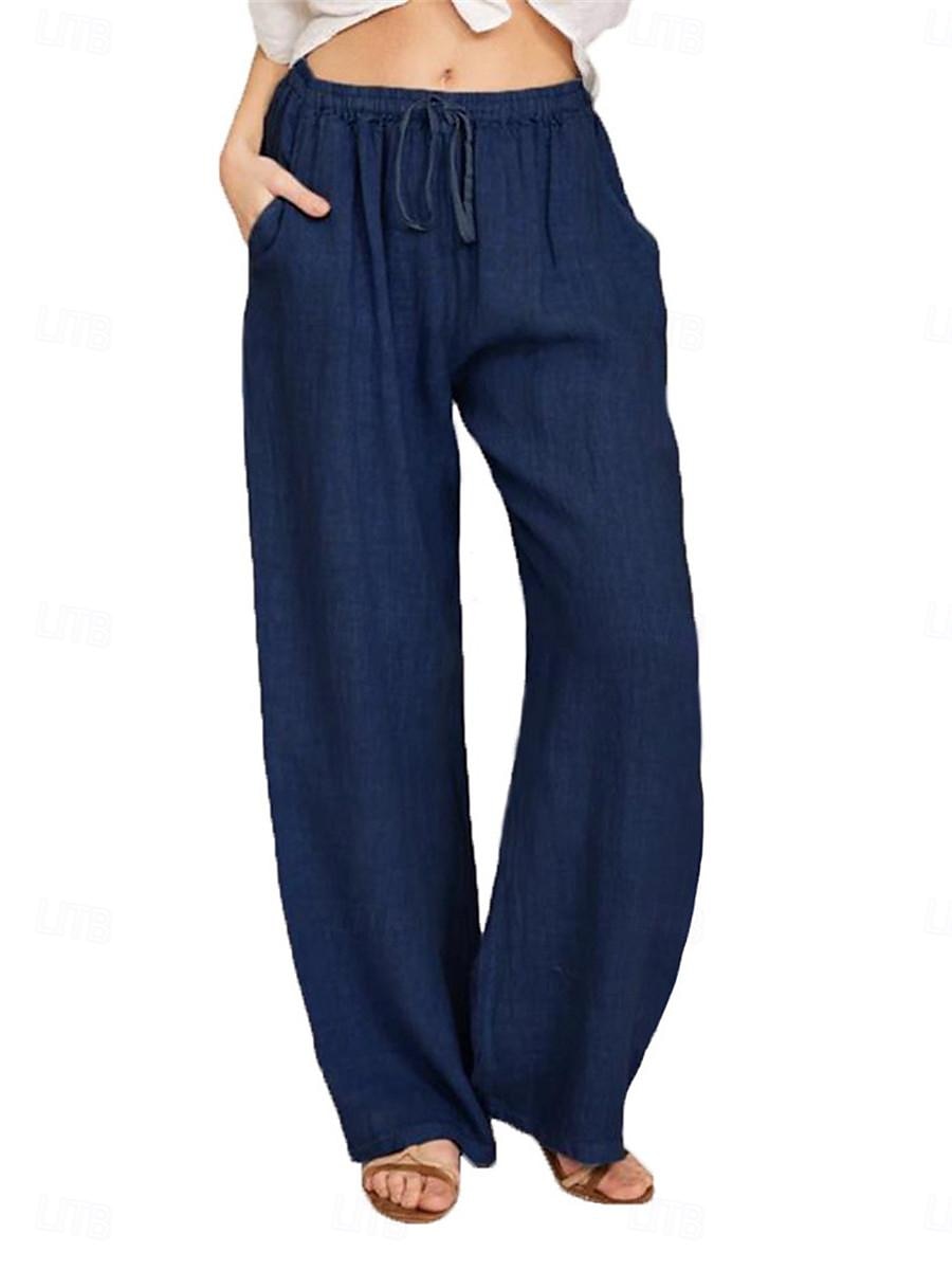 Damen Hose aus Baumwollleinen Komfort Einfarbig Tasche Elastischer Bund Atmungsaktiv Mikroelastisch Heim Schwarz Weiß Wein Marineblau Sommer 2025 - $21.99 –P9