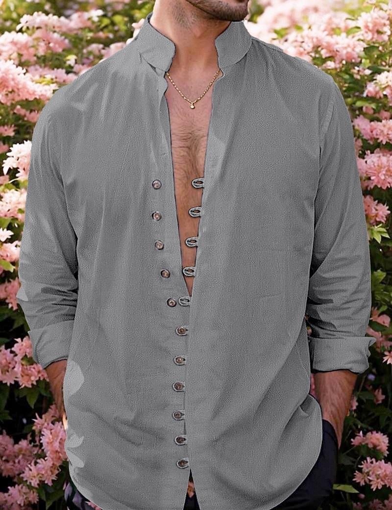 Herren Hemd Leinenhemd Sommerhemd Strandbekleidung Knopfhemd Einfarbig Täglich Strand Schwarz Rosa Khaki Dunkelgrau Langarm Sommer Bekleidung 2026 - $25.99 –P14