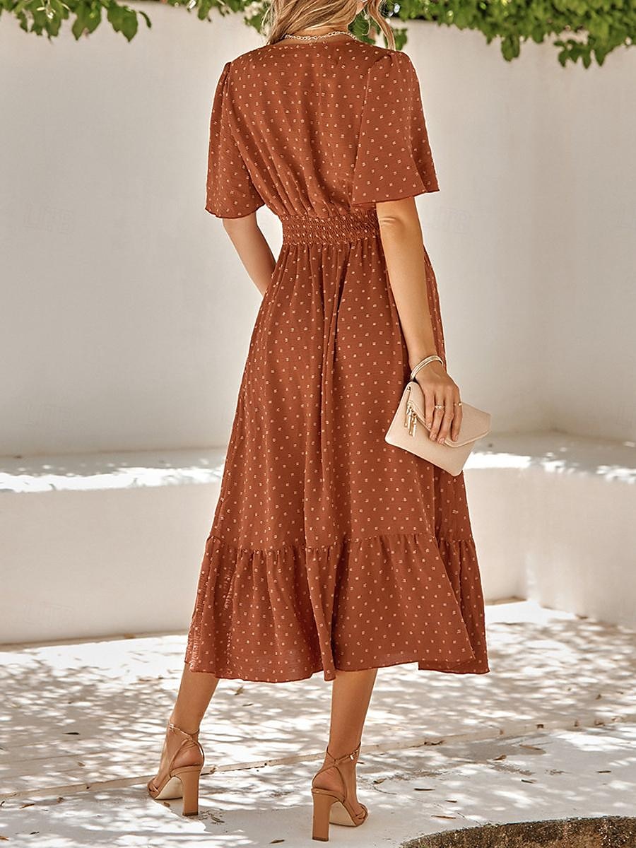 Naisten Rento mekko Midimekko Ruffle Trim Deitti Loma Katutyyli Vapaa-aika V kaula-aukko Puolihiha Ruskea Apila Aprikoosi Väri 2025 - $41.99 –P2