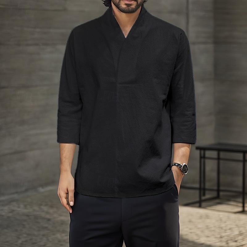 Per uomo Camicia Camicia in lino e cotone Camicia in cotone bianco Maglietta informale Liscio Hawaiano Per eventi Nero Bianco Giallo Blu marino Maniche a 3/4 A V Primavera estate Abbigliamento del 2025 a $19.99 –P5