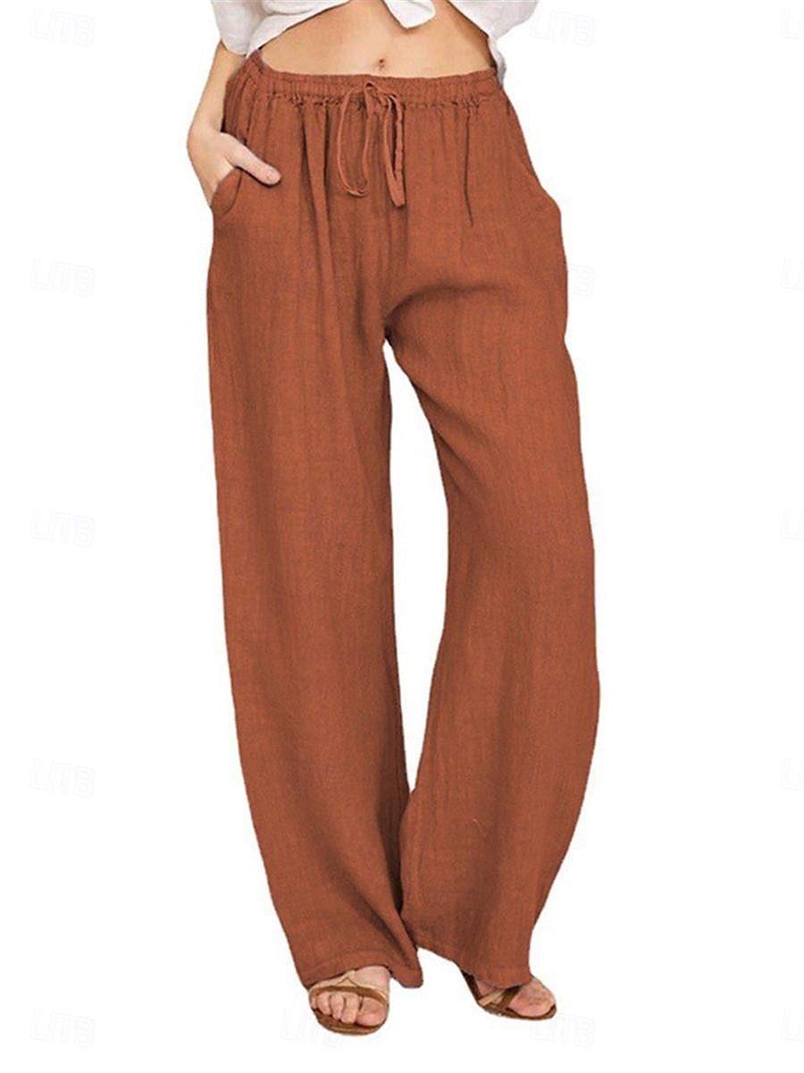 Damen Hose aus Baumwollleinen Komfort Einfarbig Tasche Elastischer Bund Atmungsaktiv Mikroelastisch Heim Schwarz Weiß Wein Marineblau Sommer 2025 - $21.99 –P18