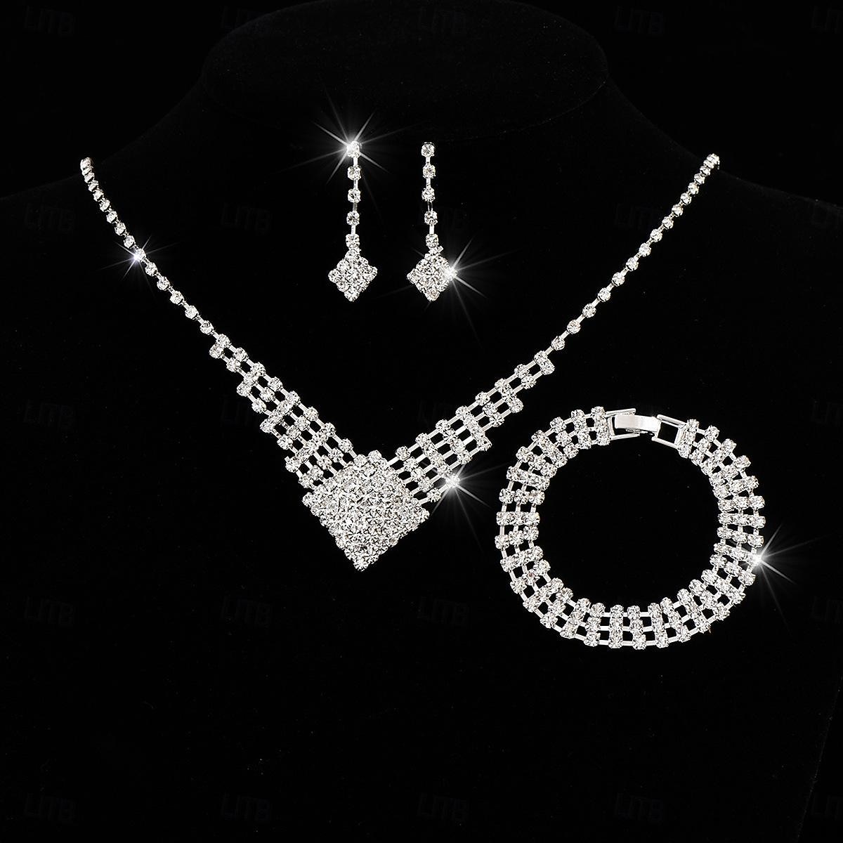Conjunto de joyas de diamantes de imitación de lujo: collar, pulsera y pendientes colgantes de cristal plateado brillante para mujer. 2026 - $11.99 –P4