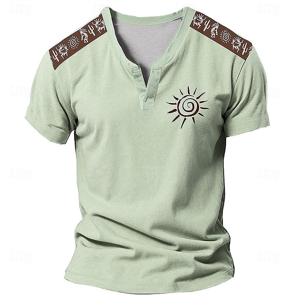 Męskie Słońce Aztek Podkoszulek Koszula Henley Krótki rękaw Druk 3D Designerskie Etniczne Codzienny Lato Niebieski Zielony Khaki W serek Henley Koszulka Henley 2025 - $23.99 –P4