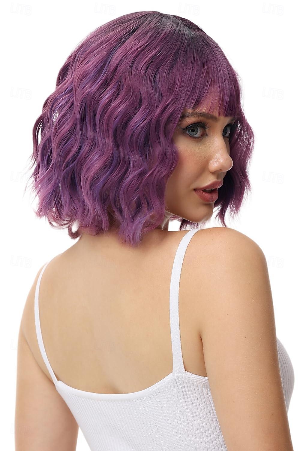 parrucca bob ondulata viola verde rosa con frangia parrucca viola ombre naturale capelli sintetici lunghezza delle spalle parrucche corte ricci per le donne del 2025 a $19.99 –P2