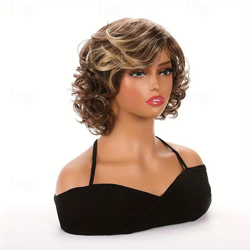 evidenziazione marrone shor bob parrucche per capelli ricci per le donne parrucche sintetiche resistenti al calore per la festa quotidiana uso di halloween capelli sintetici biondo dorato del 2025 a $19.99 –P4