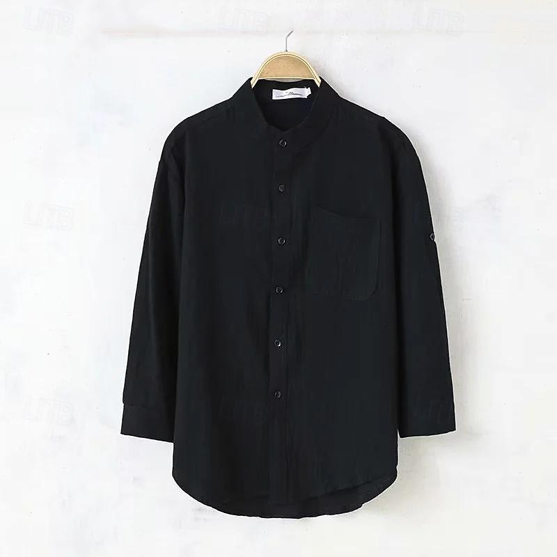 Per uomo Camicia camicia di lino Camicia con colletto cinese Camicia con colletto alla coreana Maglietta informale Camicia di cotone Liscio Da mare Hawaiano Nero Bianco Verde militare Manica a 3/4 A del 2025 a $16.49 –P7