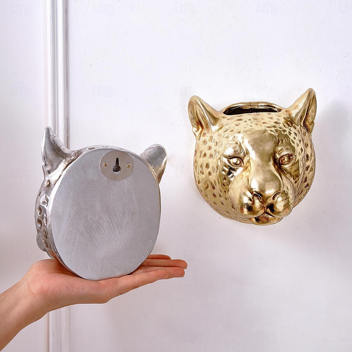 dekoracja ścienna w stylu vintage z głową lamparta w kolorze złotym i srebrnym, powierzchnia z folii w kolorze złotym i srebrnym, wiszący na ścianie wazon na kwiaty i schowek, kreatywna, słodka sztuka 2026 - $16.49 –P12