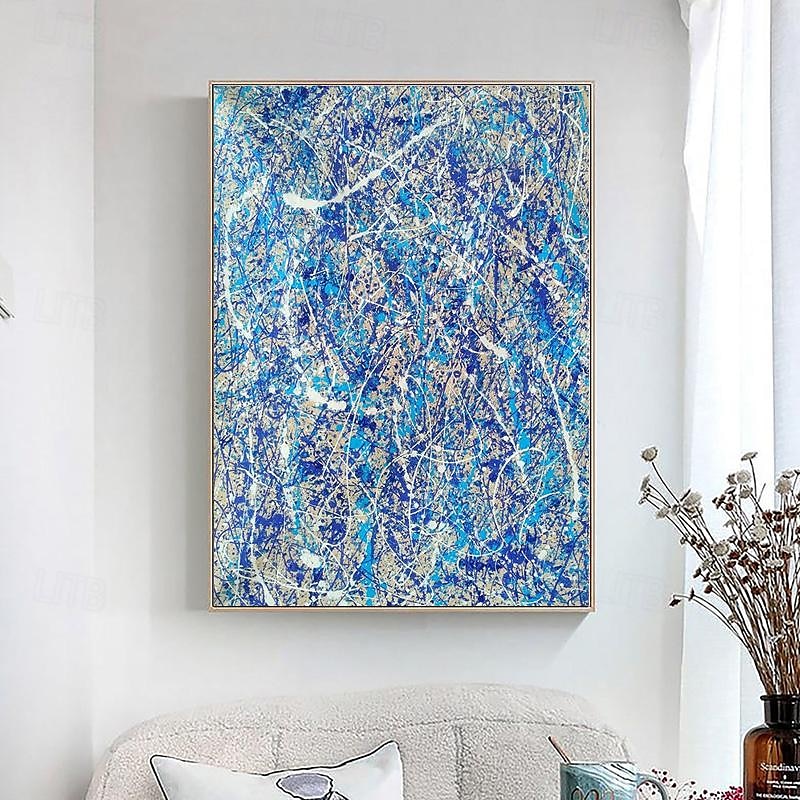 handmålad jackson pollock abstrakt illustration målning blå vita linjer kanfasmålning för vardagsrumsvägg (ingen ram) 2025 - $108.99 –P7