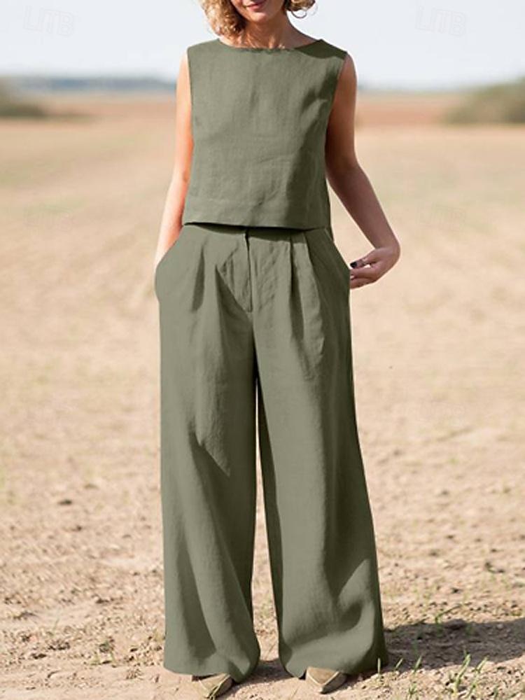 Tanktop Baumwoll-Leinen-Hemden Set Damen Armeegrün Marineblau Khaki Einfach 2 teilig Weites Bein Straße Täglich Mode Rundhals Normale Passform M 2025 - $35.99 –P3