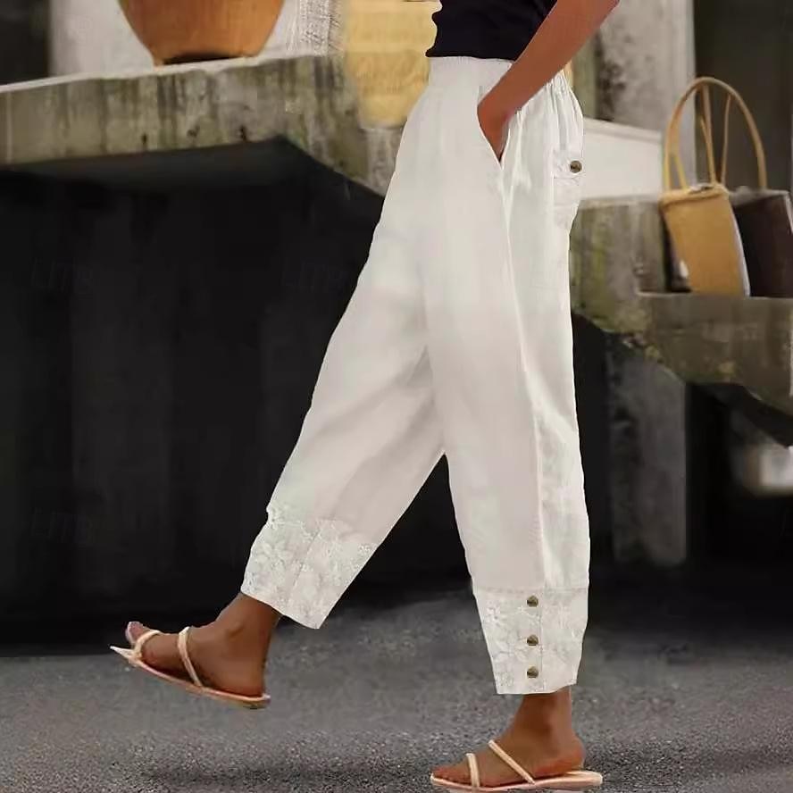 Mujer Pantalones de lino y algodón Pantalones Casual / Diario Hasta el Tobillo Plano Malla Bolsillos laterales Transpirabilidad Cómodo Rígido Noche Fin de semana Blanco Primavera verano Ajuste regular 2025 - GBP £32.99 –P1