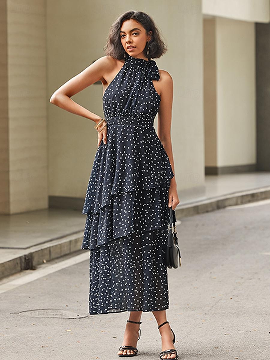 Women's Black Dot-print Maxi Dress Chiffon A Line Dress