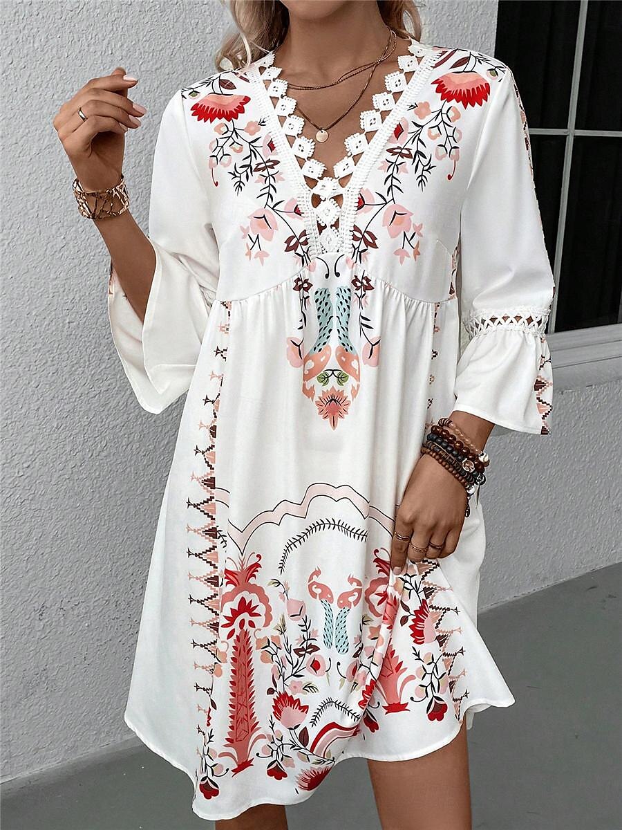 Damen Minikleid Casual kleid Sommerkleid Boho-Kleid Stilvoll Brautkleider schlicht Urlaub Täglich Verabredung Regular Fit Blumen 3/4 Ärmel V Ausschnitt Schwarz Rote Fuchsie Aprikose Sommer 2025 - $27.99 –P3