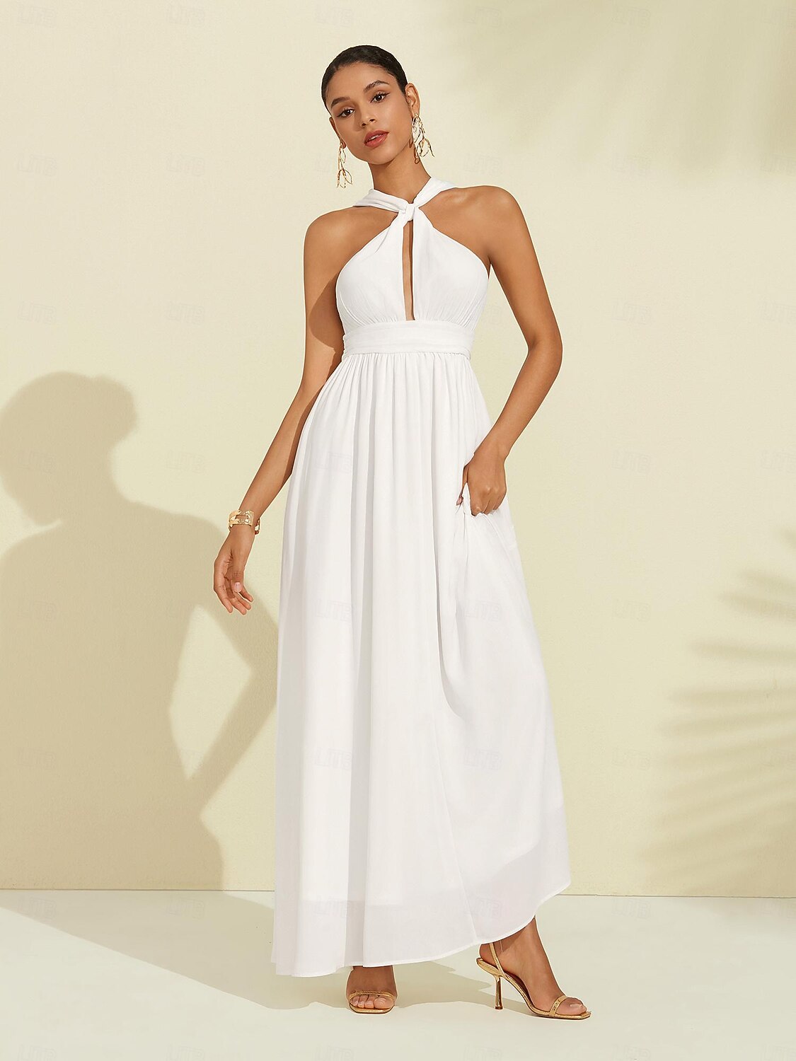 γυναικείο σιφόν λευκό καπίστρι αμάνικο κομψό φόρεμα για πάρτι/γαμήλιο μάξι φόρεμα για να εντυπωσιάσει το 2024 2026 - $69.99 –P5