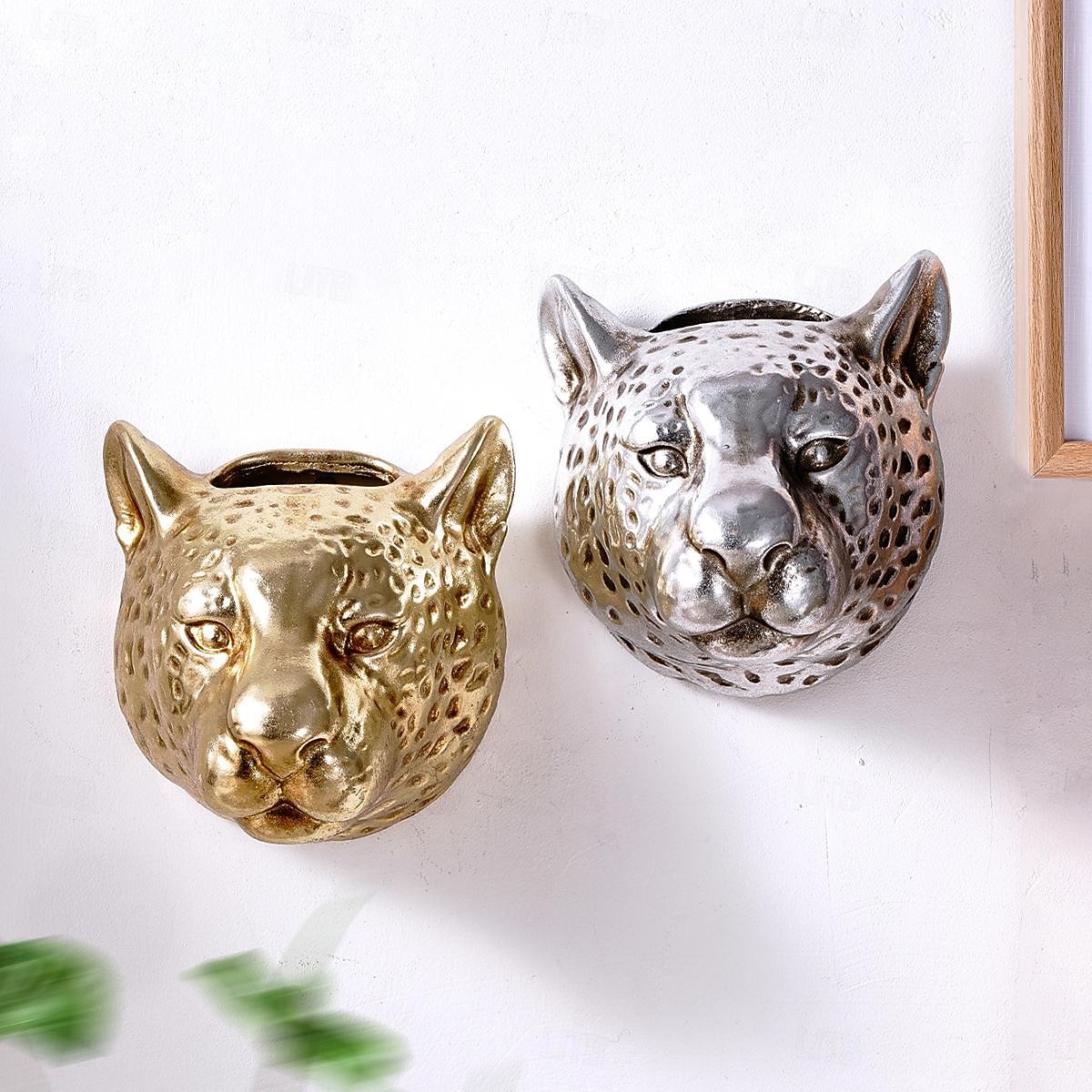 dekoracja ścienna w stylu vintage z głową lamparta w kolorze złotym i srebrnym, powierzchnia z folii w kolorze złotym i srebrnym, wiszący na ścianie wazon na kwiaty i schowek, kreatywna, słodka sztuka 2026 - $16.49 –P3