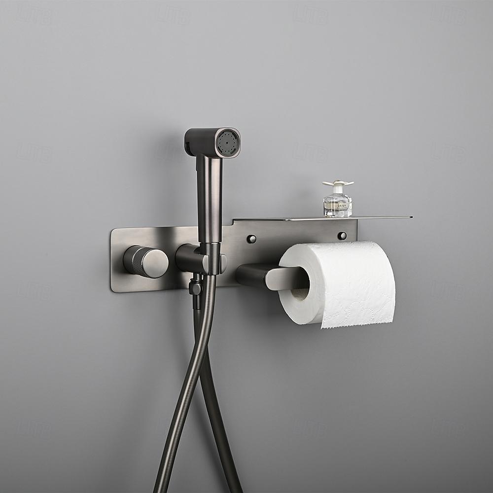 spruzzatore per bidet oro spazzolato valvola in ottone a pulsante nascosto con ripiano porta carta spruzzatore in plastica tubo in pvc grigio del 2025 a $286.73 –P4