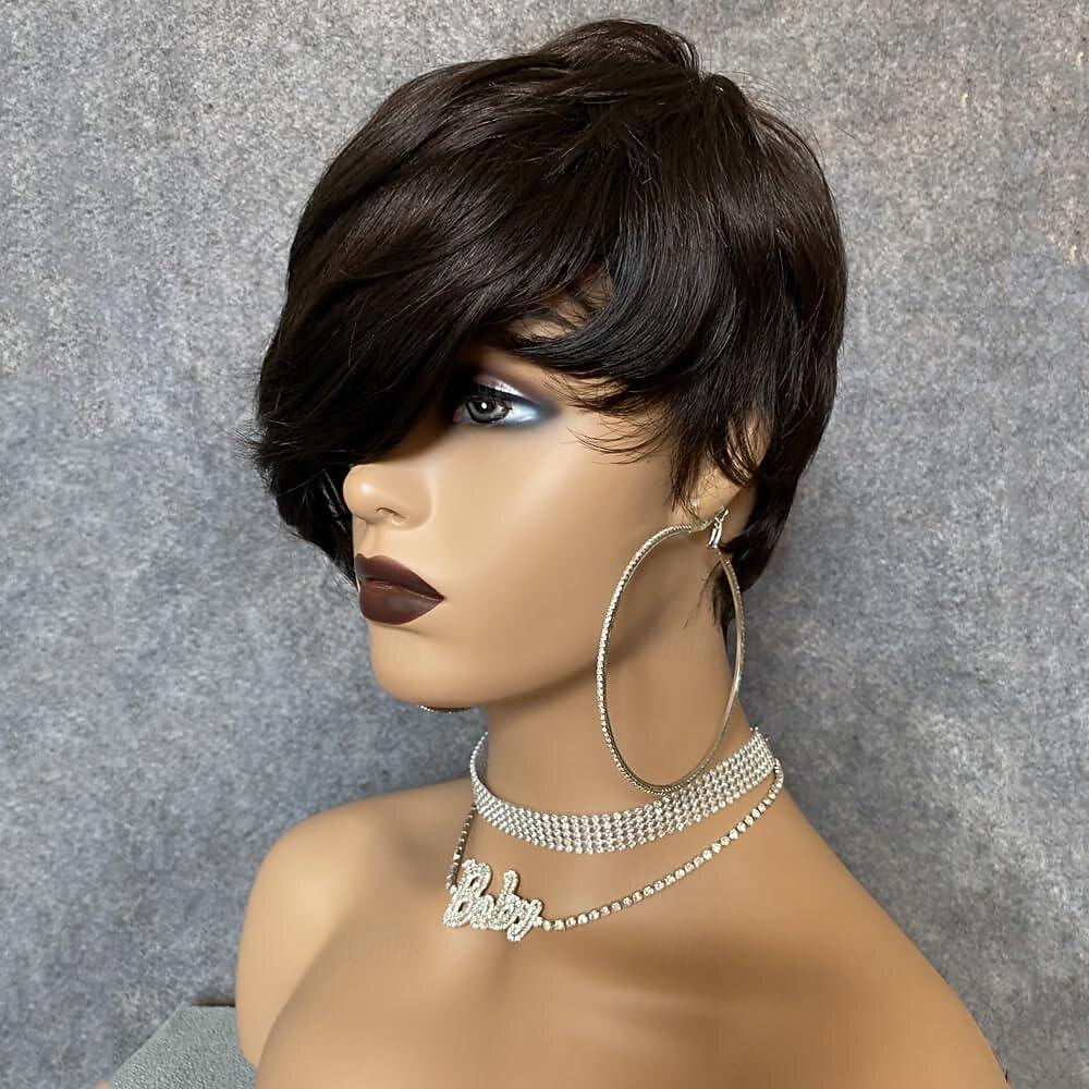 Bob-Perücke, Echthaar, kurze Pixie-Schnitt-Perücken für schwarze Frauen, Echthaar-Perücke mit Pony, leimlose, geschichtete Perücke, keine Lace-Front-Perücke, komplett maschinell hergestellte Perücke, 2025 - $55.99 –P5