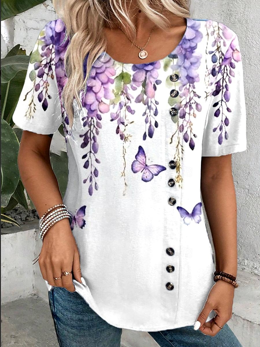 Koszula Damska Ombre Kwiatowa Motyl Codzienna Jak Len Casual Krótki Rękaw Okrągły Dekolt Regularne Top Wakacja Codzienna Patchwork Fioletowa Lato Wiosna 2025 - $22.99 –P1