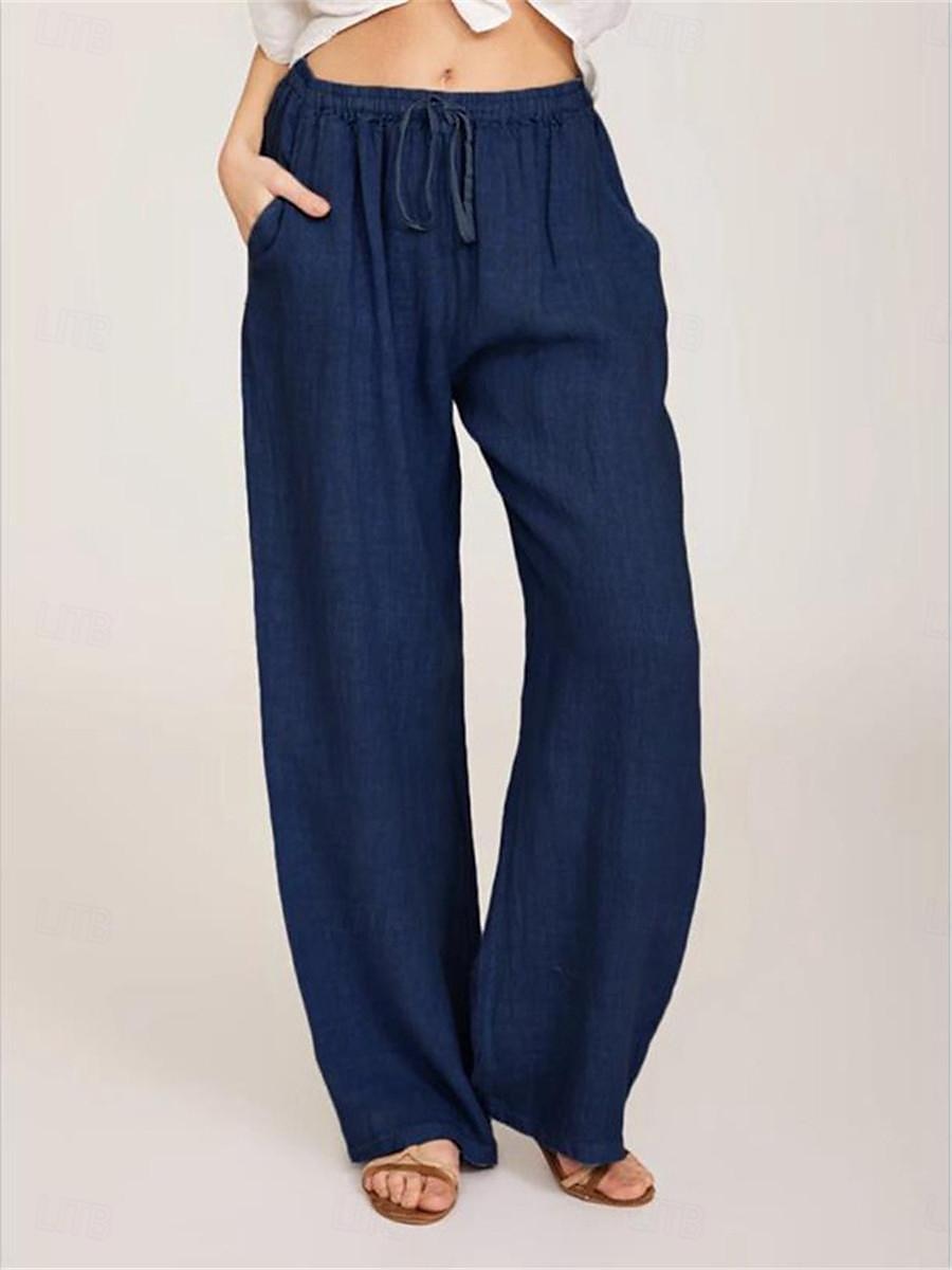 Damen Hose aus Baumwollleinen Komfort Einfarbig Tasche Elastischer Bund Atmungsaktiv Mikroelastisch Heim Schwarz Weiß Wein Marineblau Sommer 2025 - $21.99 –P8