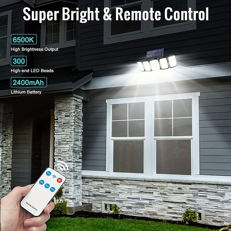 holofotes solares sensor de movimento externo 300 led 5 cabeças sensor de movimento movido a energia solar com controle remoto do anoitecer ao amanhecer 3 modos de iluminação de 2025 por $37.99 –P11