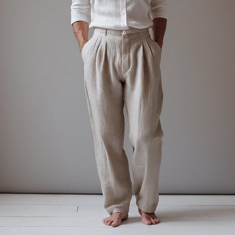 Herr Linne Byxor Långbyxor Sommarbyxor Strandbyxor Ficka Veck Rakt ben Slät Komfort Andningsfunktion Dagligen Helgdag Semester Hawaiisk Boho Kaki 2025 - $23.99 –P2