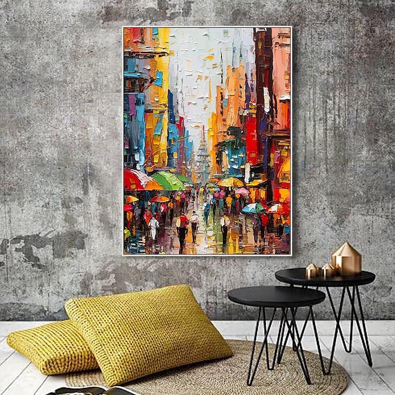 Cityscape Oil Painting handmade Textured Canvas Art Colorful Skyline painting hand painted Landscape Art Urban Street Scene Painting Modern art painting for Living Room Wall Decor 2025 - $69.99 –P7