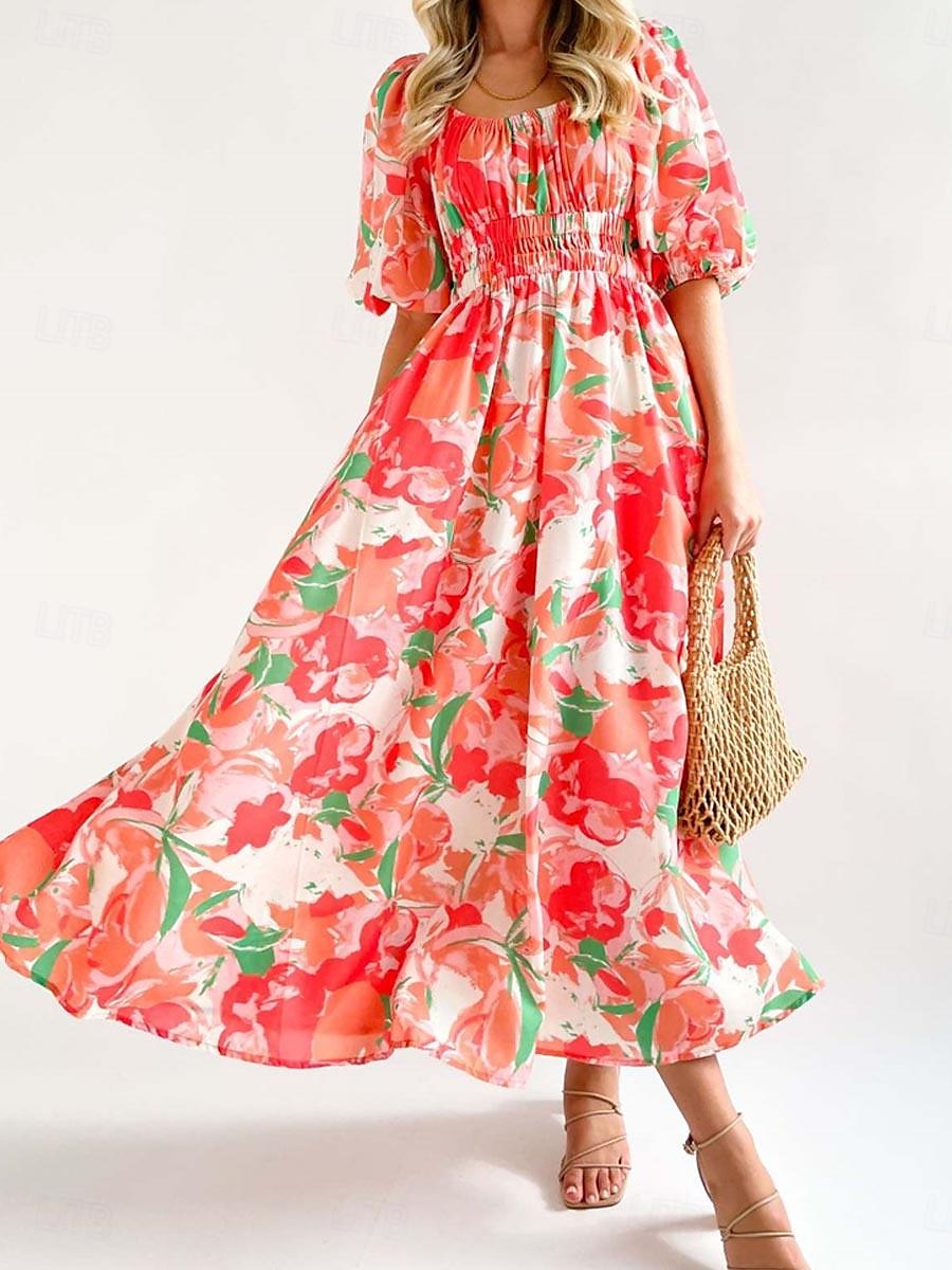 Pentru femei Rochie Lunga Rochie Maxi Rochie casual Rochie leagăn Rochie A line Rochie de vară Stilat Vacanță Zilnic Dată Fit regulat Floral Manșon Jumate De Pe Umăr Roșu-aprins Albastru piscin 2025 - $40.99 –P5
