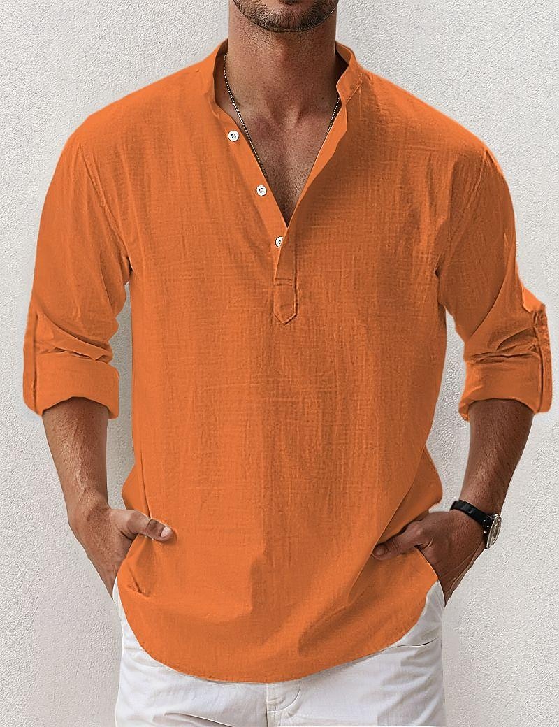 Voor heren Linnen overhemd Popover-shirt Zomer overhemd Strand Kleding Normaal shirt Overhemd met bandkraag Effen Vakantie Hawaii Zwart Wit Blozend Roze blauw Lange mouw Henley Lente zomer Kleding 2026 - $25.99 –P13