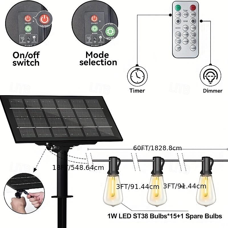 2025年 屋外用ソーラーストリングライト、リモコン付き、ソーラーパワー LED エジソン電球、屋外用ストリングライト、屋外パティオ、裏庭、フェンス、ハロウィーン、クリスマスのデコレーション  コレクション – $133.99 –P1