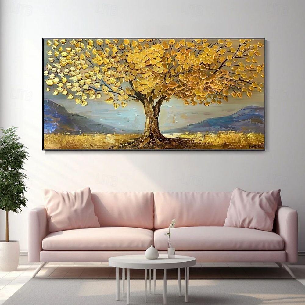 handgemachtes Ölgemälde auf Leinwand, Wandkunst, Dekoration, goldene Baumlandschaft für die Inneneinrichtung, gerolltes, rahmenloses, ungedehntes Gemälde, goldene Baumlandschaft 2025 - $91.99 –P5
