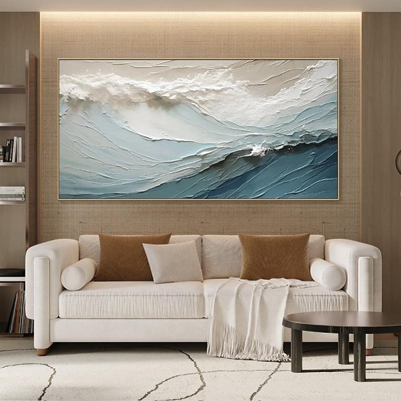 ručně malovaná 3D texturovaná malba na plátně ručně vyráběná modrý oceán olejomalba minimalistická malba mořskou vlnou malba wabi-sabi umělecká díla nástěnná malba morden umění ložnice nástěnná 2025 - $123.99 –P5