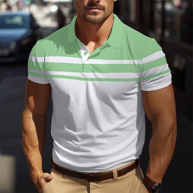 Men's Golf Shirt Golf Polo Work Casual Lapel Short Sleeve Basic Modern Color Block Stripes Button Spring & Summer Regular Fit Black Navy Blue Brown Green Light Blue Grey Golf Shirt 2025 - $12.99 –P5